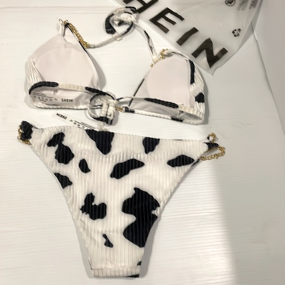 New In Bag SHEIN 2pc Bikini Bathing Suit Blk/ white print w/chain detail size XL - Picture 5 of 12